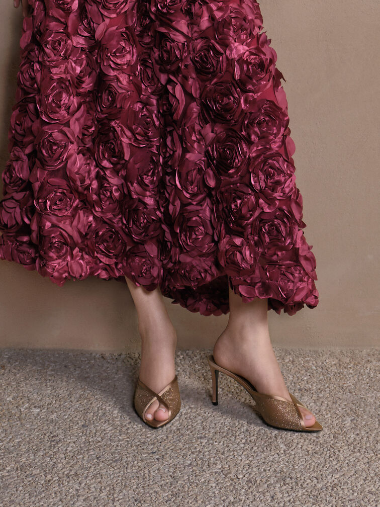 Glittered Mesh Peep-Toe Heeled Mules, Bronze, hi-res