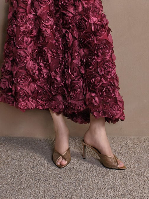 Glittered Mesh Peep-Toe Heeled Mules, Bronze, hi-res