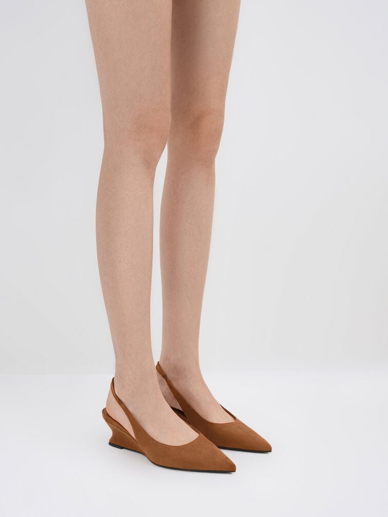 Faux Suede Sculptural-Heel Slingback Wedges, Cognac, hi-res