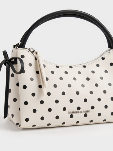 حقيبة هازل بمقبض علوي وفيونكة ونقشة منقطة, كريمي, hi-res