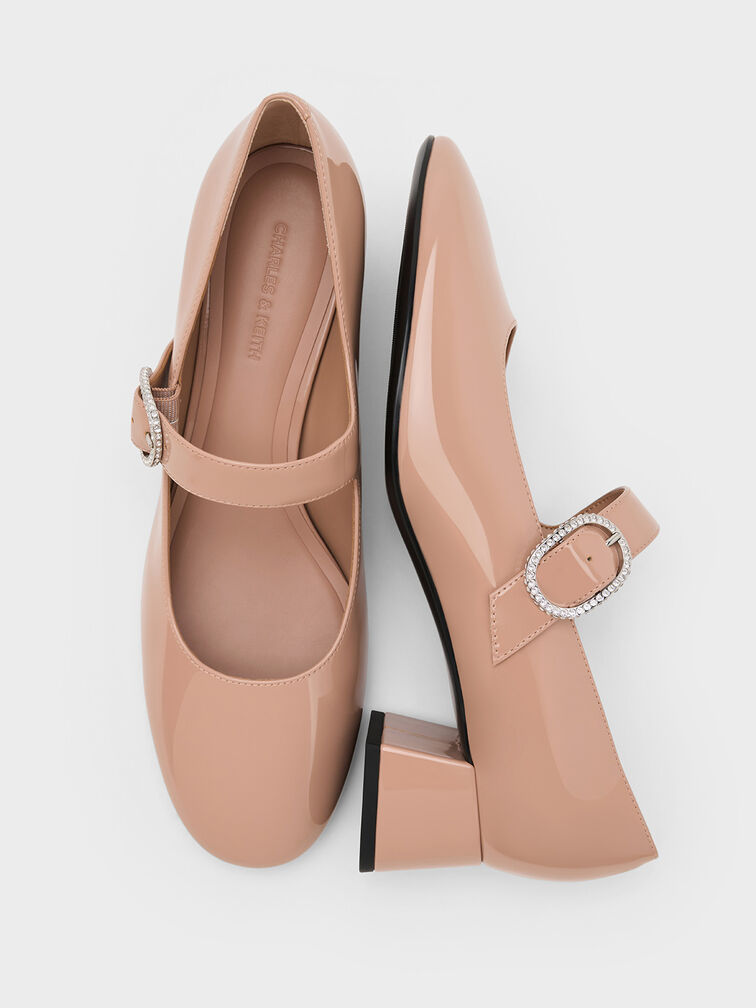 Jannie Patent Crystal-Buckle Mary Jane Pumps, Nude, hi-res