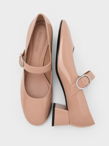 Jannie Patent Crystal-Buckle Mary Jane Pumps, Nude, hi-res