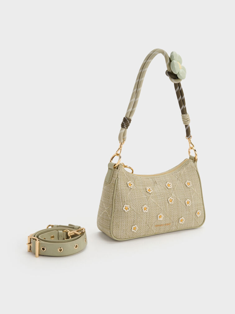 Philomena Raffia Flower Crossbody Bag, Pale Olive, hi-res