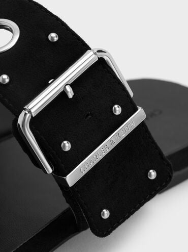 سلايدز من الجلد المدبوغ الصناعي مزودة بحلقات معدنية وإبزيم, أسود خشن, hi-res