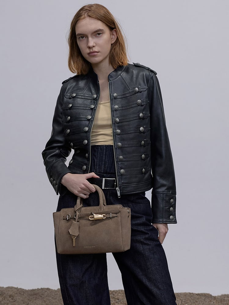 Grey Gabine Leather Burnished Shoulder Bag - CHARLES & KEITH
