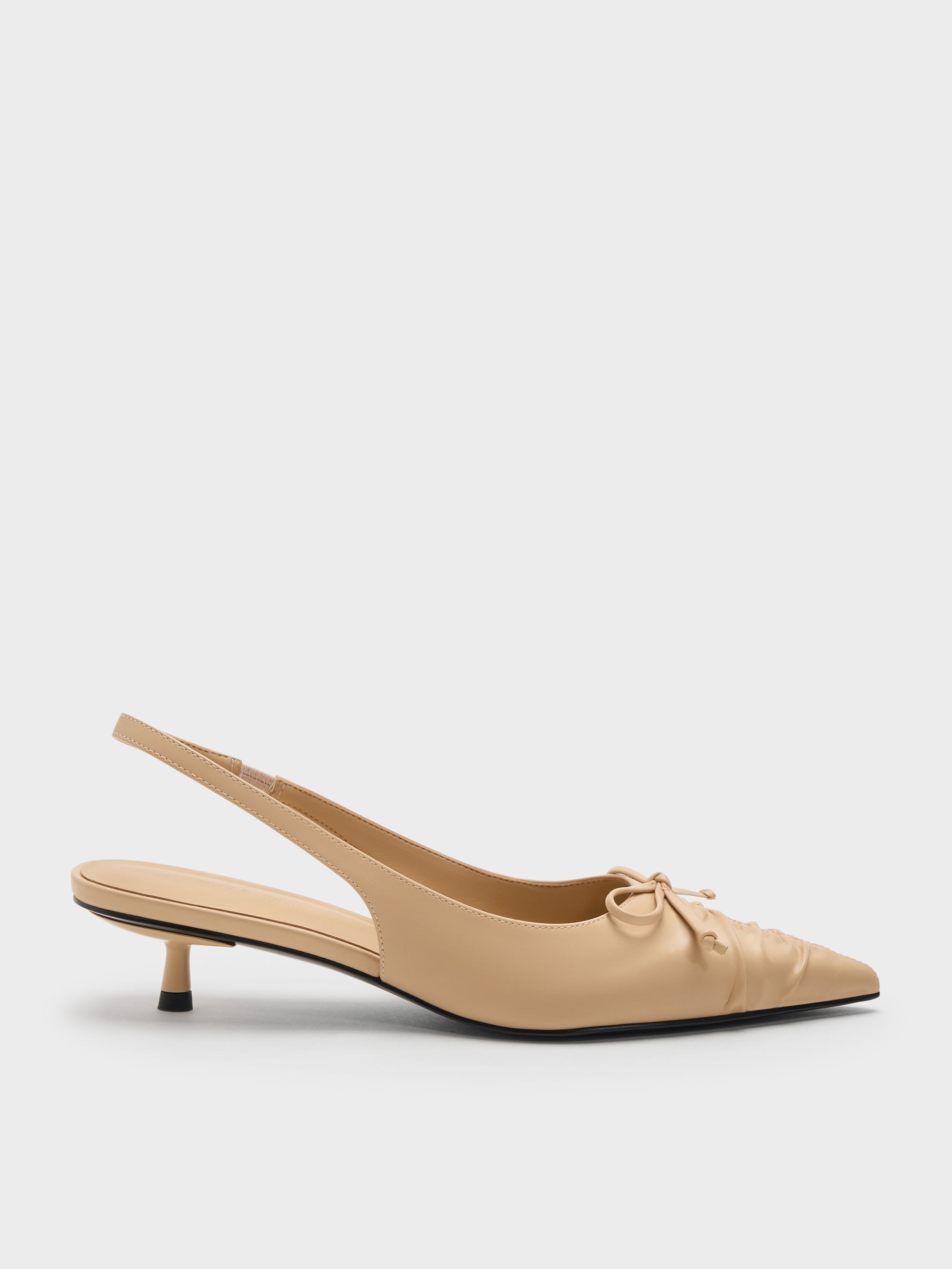 Sand Ruched Bow Slingback Kitten Heels - Sand - CHARLES & KEITH AE