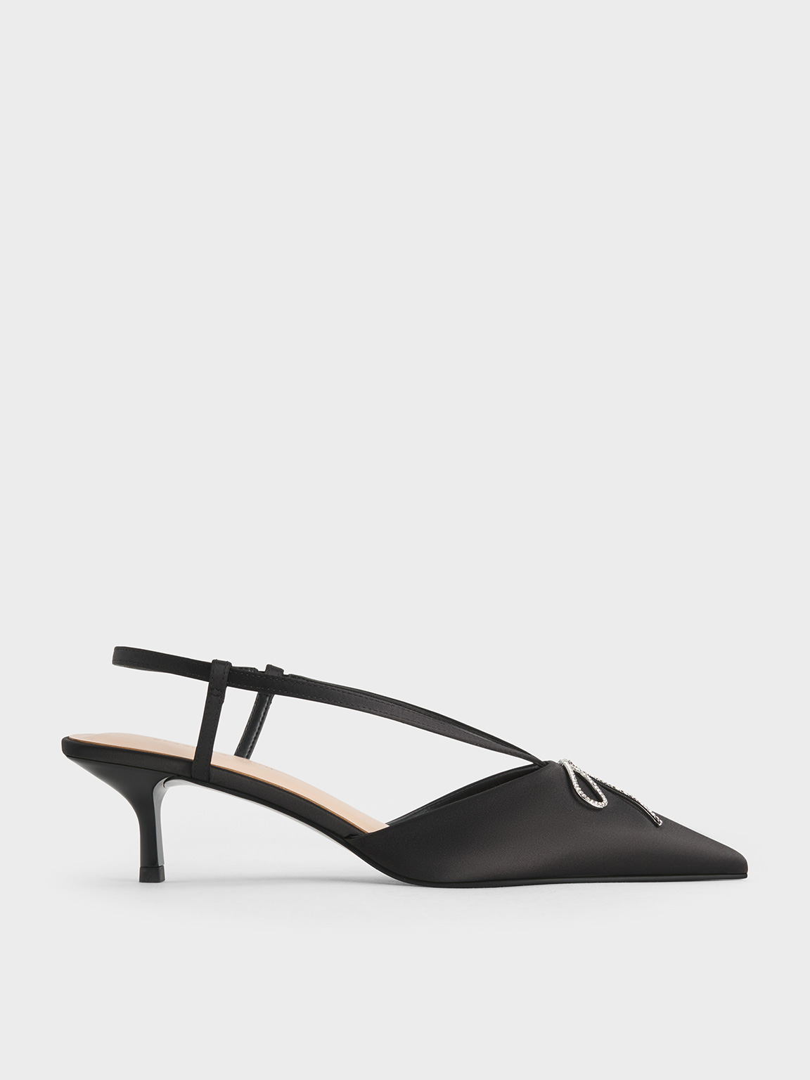 Black Textured Crystal-Bow Kitten-Heel Slingback Pumps - Black Textured ...