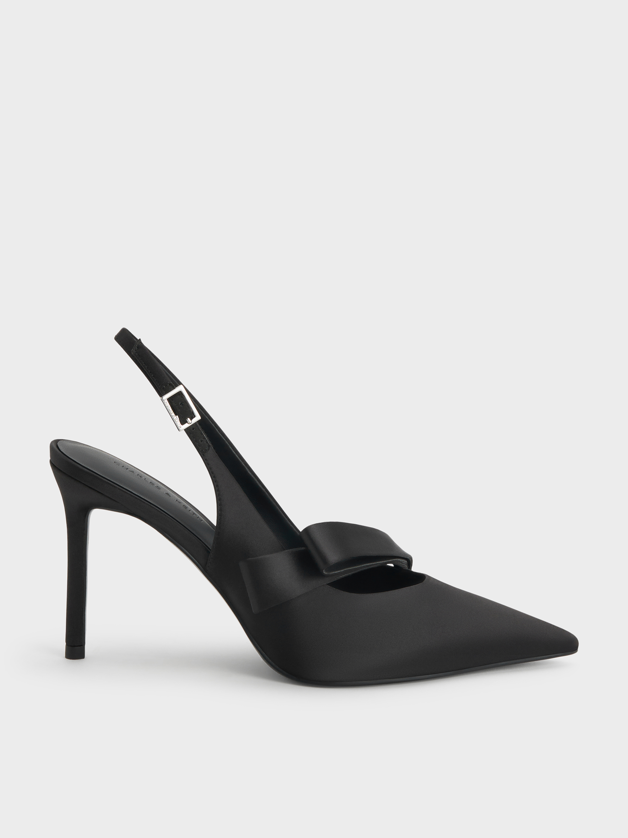 Black Textured Satin Pleated-Strap Slingback Pumps - Black Textured ...