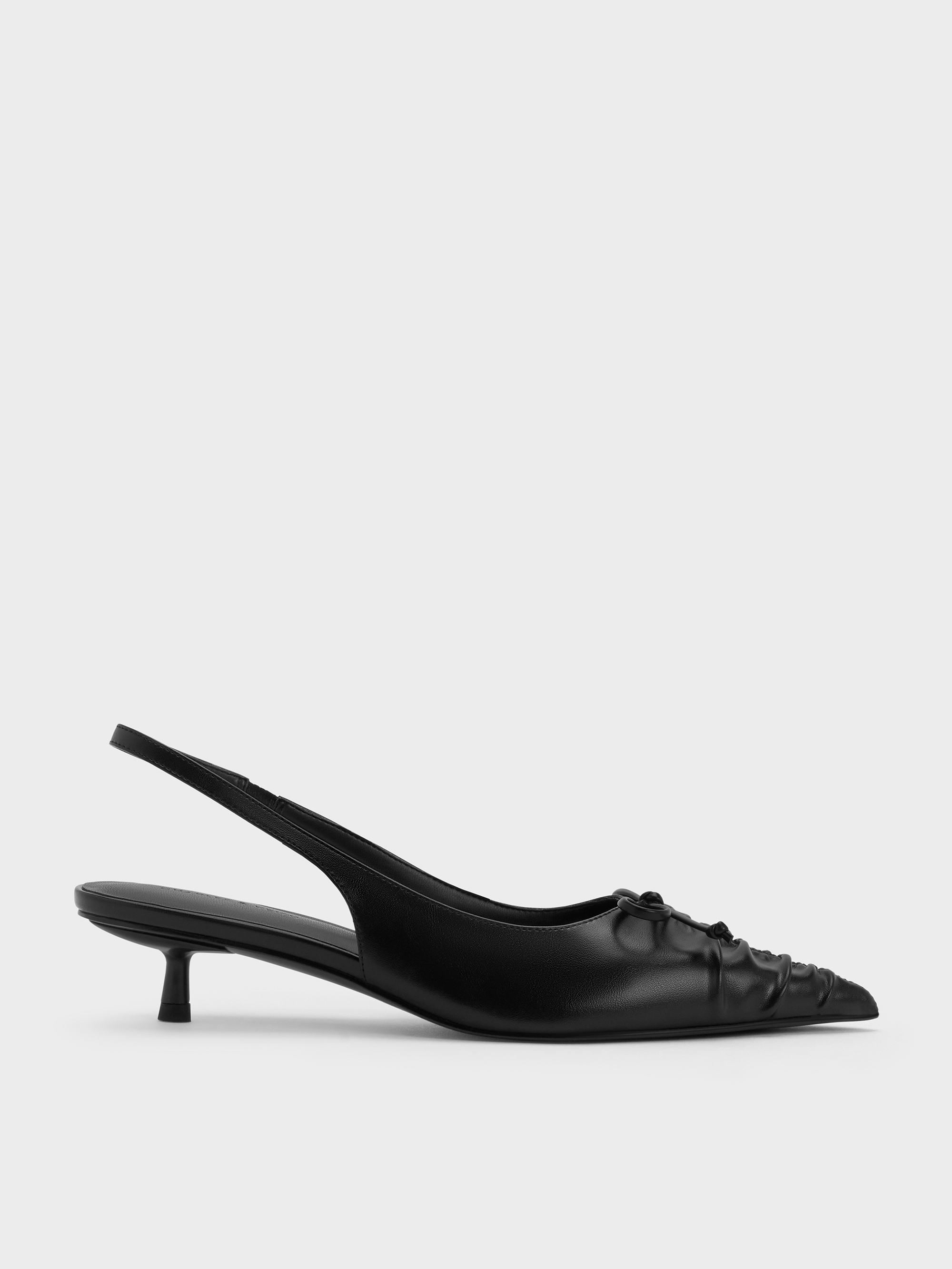 Black Ruched Bow Slingback Kitten Heels - Black - CHARLES & KEITH AE